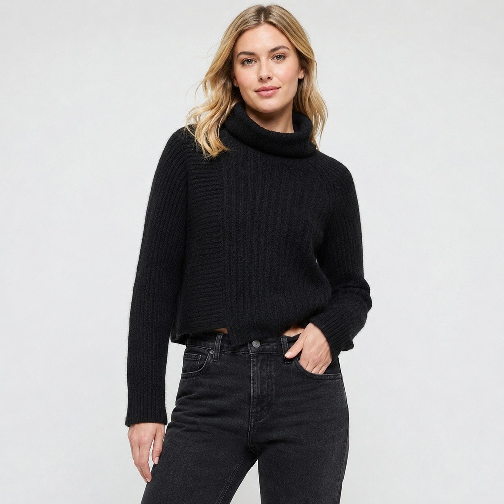AllSaints Juni Black Wool Blend Cowl Neck Sweater Cropped Medium